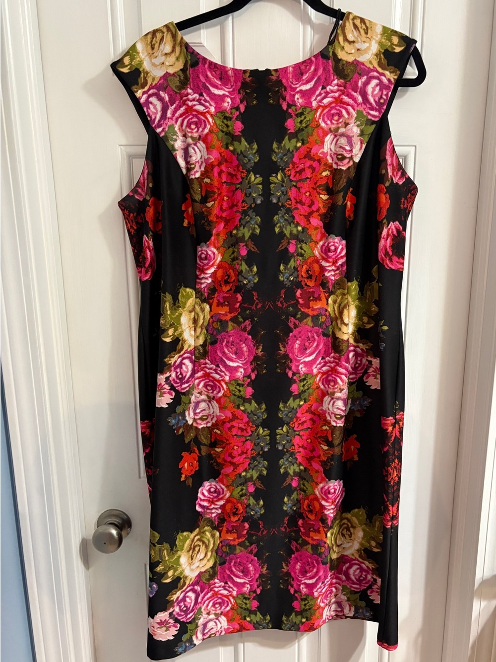 London Style Black Sheath Dress with Pink, Red & Green Floral Print
